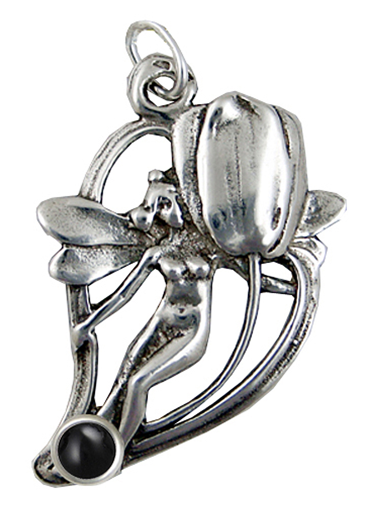 Sterling Silver Shy Flower Fairy Pendant With Black Onyx